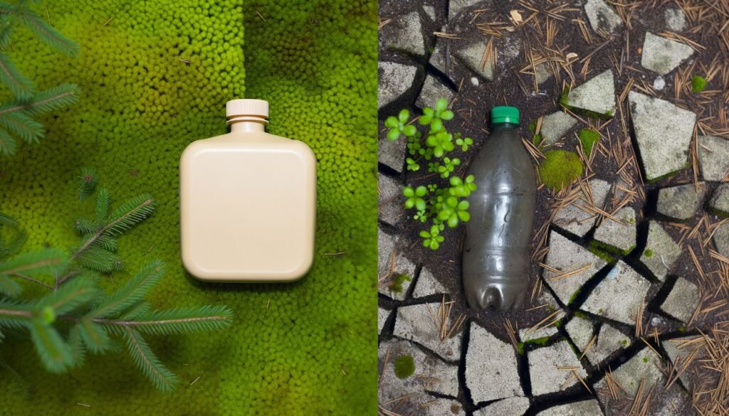Hemp bioplastic container on moss next to weathered plastic waste