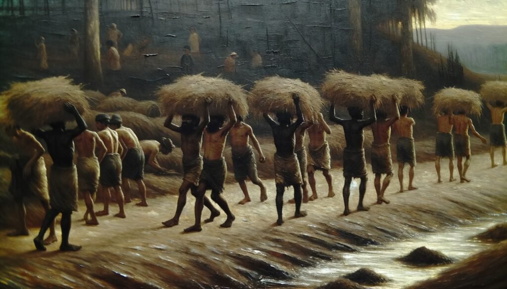 19th century laborers processing hemp fiber by hand