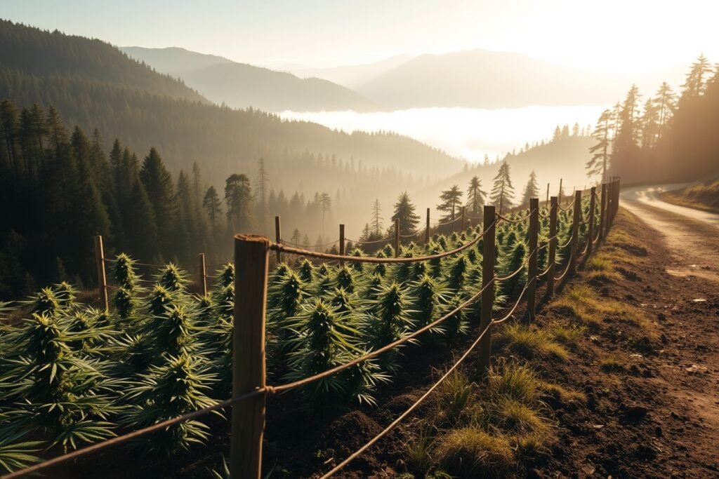 Terraced sun-grown cannabis plants on a Humboldt County hillside with redwood ridges and coastal fog behind