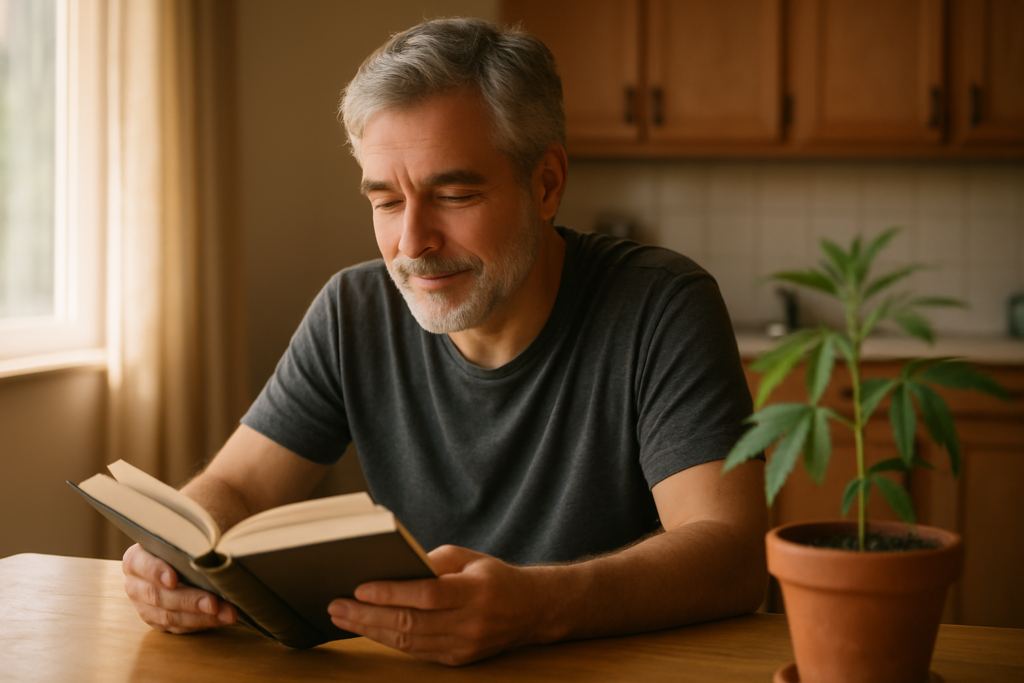 Man over 40 reading at a sunlit kitchen table beside a young cannabis plant