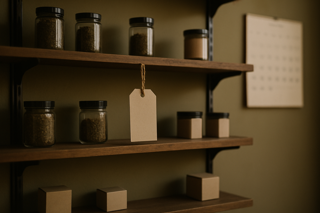 Half-empty shelf of jars in a small hemp shop with a blank tag and a calendar on the wall